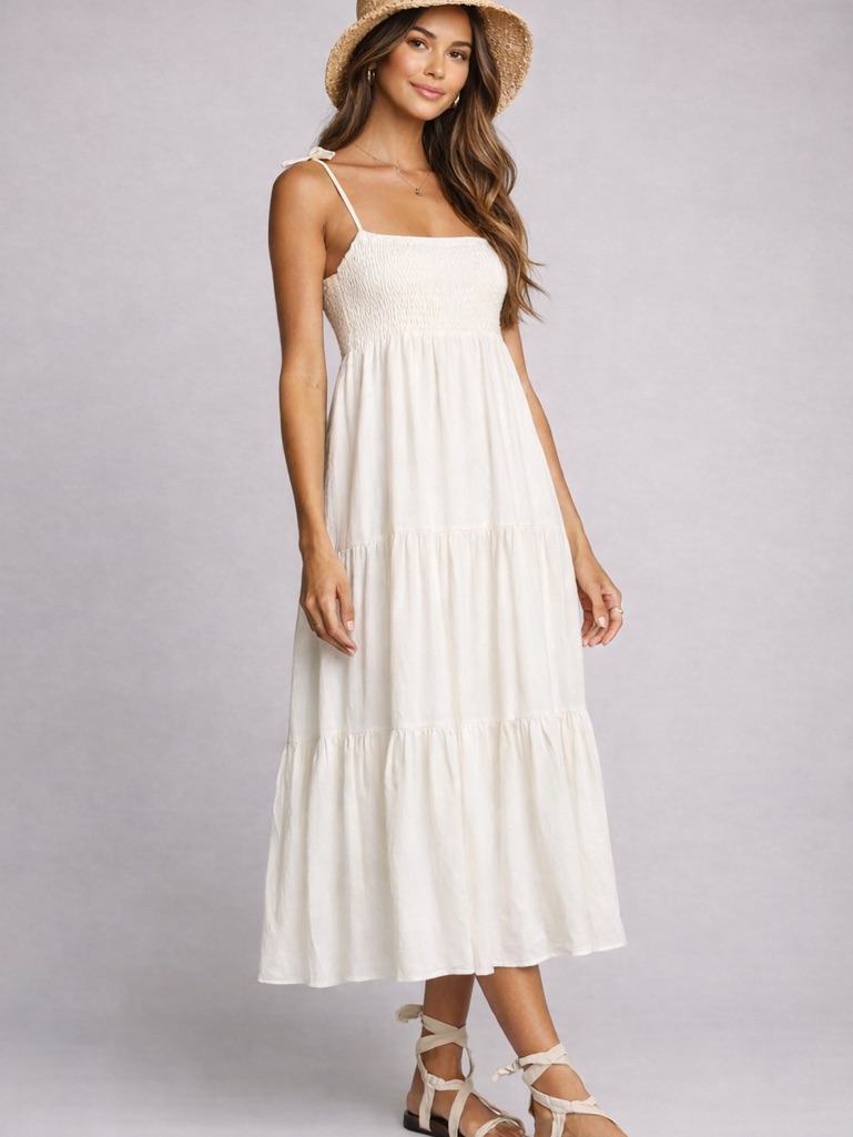 Saltwater Luxe Sorrento Midi Dress Small White Ivory Smocked Tiered Tie Strap